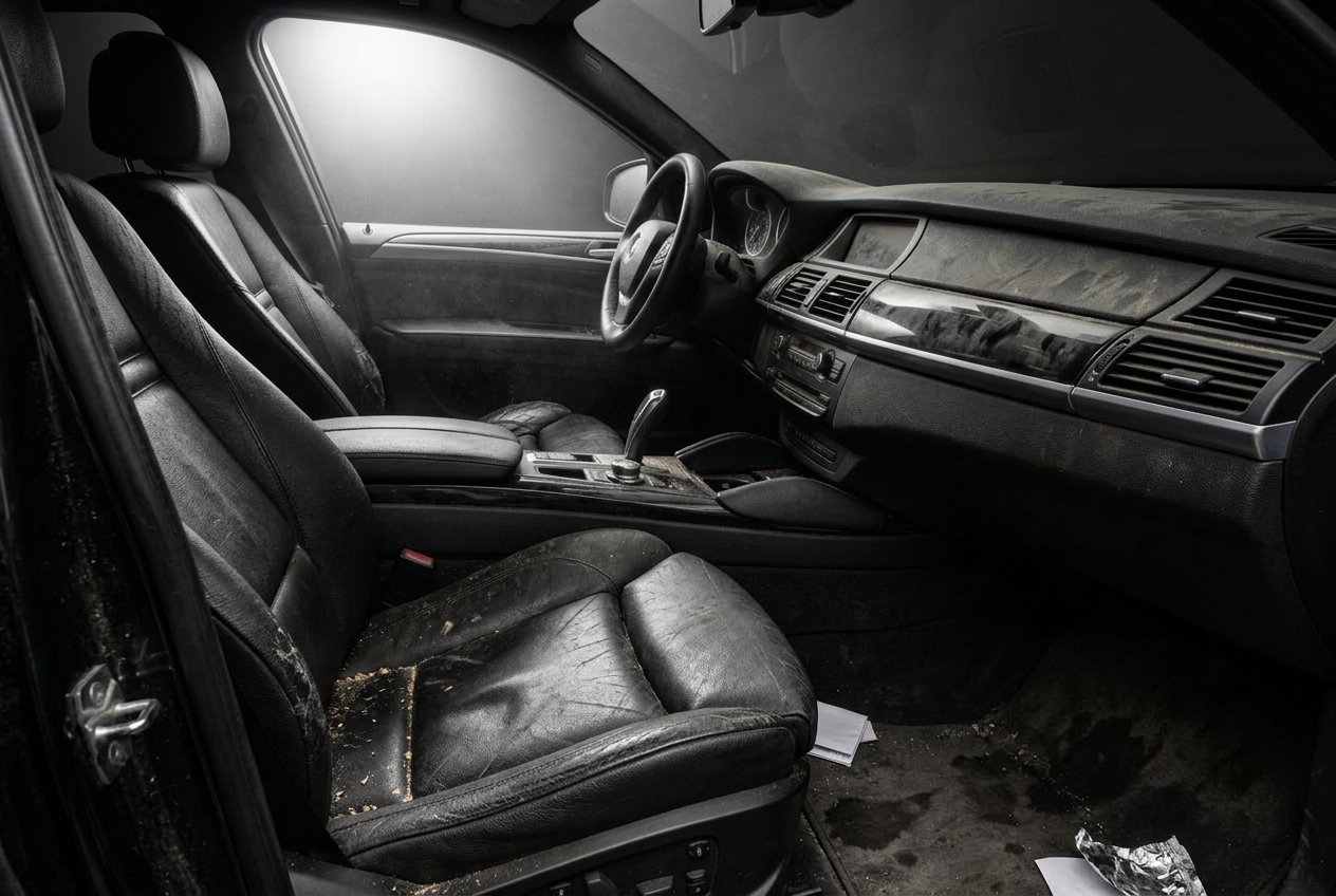 Neglected car interior with staining and debris before interior restoration in Bolingbrook, IL