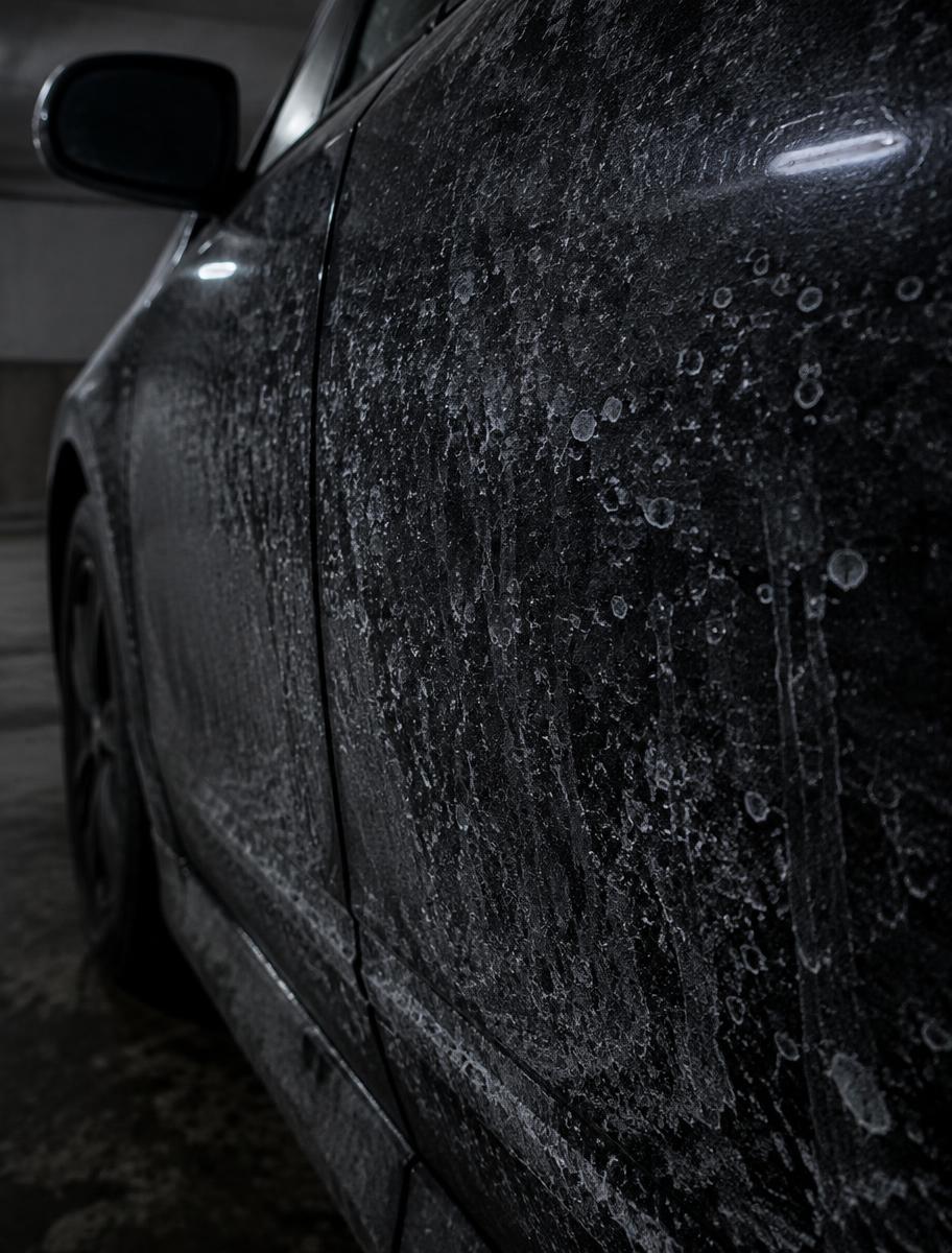 Road salt film and hard water spotting on the unprotected paint of a car in Chicago winter conditions